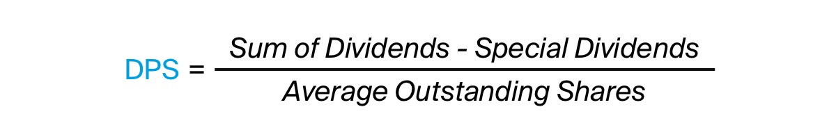 DPS = (Sum of Dividends - Special Dividends) / Averange Outstanding Shares